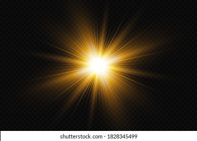 Golden light explodes on a transparent background. Transparent shining sun, bright flash. Special glare effect.