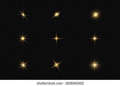 Golden light explodes on a transparent background. Transparent shining sun, bright flash. Special glare effect.