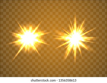 Golden light explodes on transpatent background. Bright glow light effect. Star burst vector illustration.