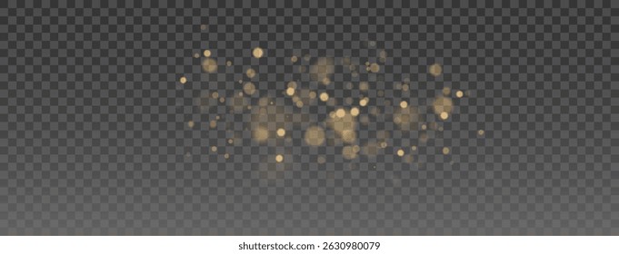 Golden light explosion with glitter particles, warm flare, and sparkling dust on transparent background, perfect for festive cards, holiday design, or New Year illustration