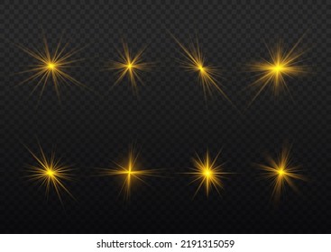 Golden light flare effect with stars, sparkles and glitter. Yellow glowing lights explodes on transparent background. Shiny glow star with stardust, gold lens flare. Sun flash with rays. Vector.