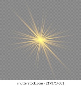 Golden light flare effect with stars, sparkles and glitter. Yellow glowing lights explodes on transparent background. Shiny glow star with stardust, gold lens flare. Sun flash with rays. Vector.