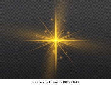 Golden light flare effect with stars, sparkles and glitter. Yellow glowing lights explodes on transparent background. Shiny glow star with stardust, gold lens flare. Sun flash with rays. Vector.