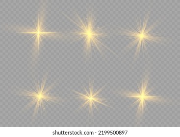 Golden light flare effect with stars, sparkles and glitter. Yellow glowing lights explodes on transparent background. Shiny glow star with stardust, gold lens flare. Sun flash with rays. Vector.