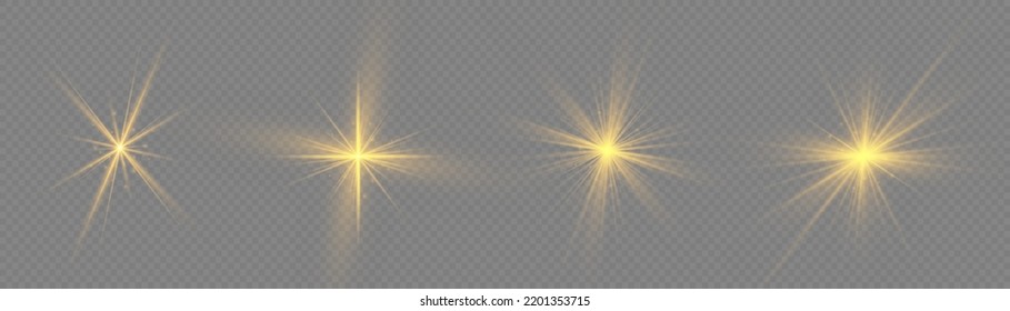 Golden light flare effect with stars, sparkles and glitter. Yellow glowing lights explodes on transparent background. Shiny glow star with stardust, gold lens flare. Sun flash with rays. Vector.
