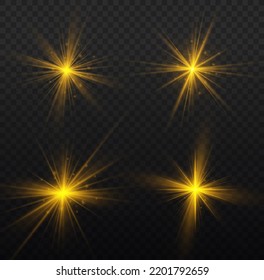 Golden light flare effect with stars, sparkles and glitter. Yellow glowing lights explodes on transparent background. Shiny glow star with stardust, gold lens flare. Sun flash with rays. Vector.