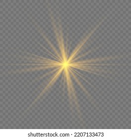 Golden light flare effect with stars, sparkles and glitter. Yellow glowing lights explodes on transparent background. Shiny glow star with stardust, gold lens flare. Sun flash with rays. Vector.