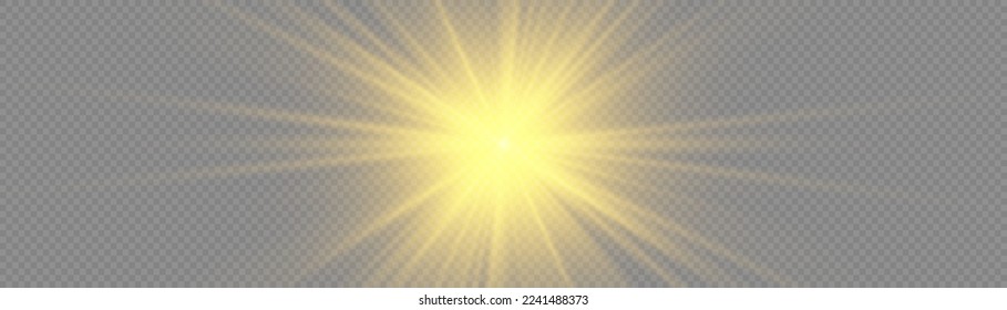 Golden light flare effect with stars, sparkles and glitter. Shiny glow star with stardust, gold lens flare. Sun flash with rays. Yellow glowing lights explodes on transparent background. Vector