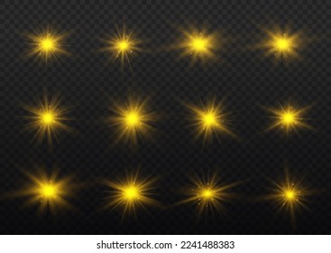 Golden light flare effect with stars, sparkles and glitter. Shiny glow star with stardust, gold lens flare. Sun flash with rays. Yellow glowing lights explodes on transparent background. Vector