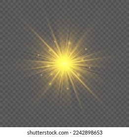 Golden light flare effect with stars, sparkles and glitter. Shiny glow star with stardust, gold lens flare. Sun flash with rays. Yellow glowing lights explodes on transparent background. Vector
