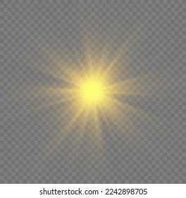 Golden light flare effect with stars, sparkles and glitter. Shiny glow star with stardust, gold lens flare. Sun flash with rays. Yellow glowing lights explodes on transparent background. Vector