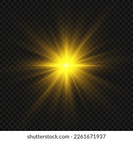 Golden light flare effect with stars, sparkles and glitter. Yellow glowing lights explodes on transparent background. Shiny glow star with stardust, gold lens flare. Magic sun flash with rays, vector