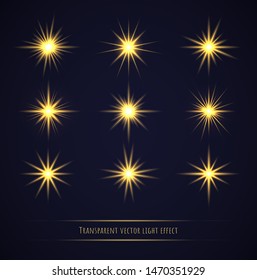 Golden light flare effects set isolated on transparent background. Sun flares, sparkles, shining stars and rays collection. Abstract luminous explosion concept.