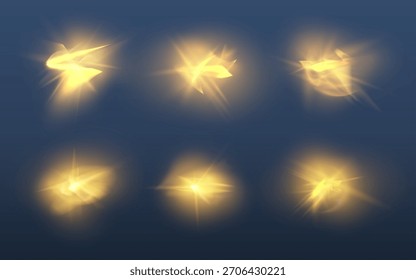 Golden light flare effects set on dark background, luxury glowing lens flare overlays
