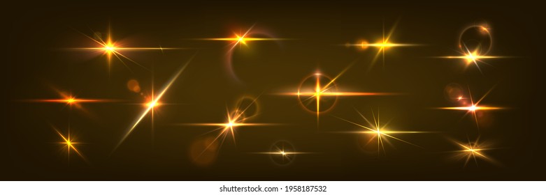 Golden Light Flare. Glowing Glare And Realistic Shining Effect. Blinding Sunshine Mockup. Lens Glints Or Camera Flash. Isolated Single Glittering Particle. Vector Bright Sparkle Template