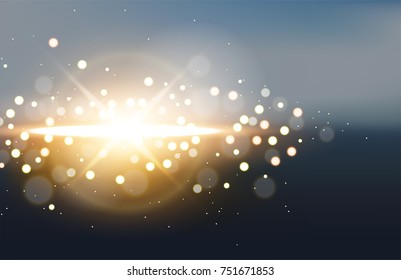 Golden light with flare on blurred landscape background. Vector Illustration