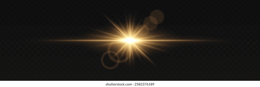 Golden light flare with radiant beams and soft circular reflections on a dark transparent background. Horizontal glow effect represents illumination, energy, and cinematic lighting. Sci-fi visuals