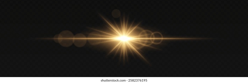 Golden light flare with radiant beams and soft circular reflections on a dark transparent background. Horizontal glow effect represents illumination, energy, and cinematic lighting. Sci-fi visuals