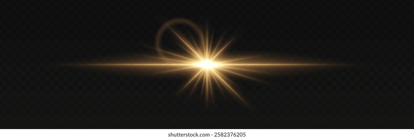 Golden light flare with radiant beams and soft circular reflections on a dark transparent background. Horizontal glow effect represents illumination, energy, and cinematic lighting. Sci-fi visuals