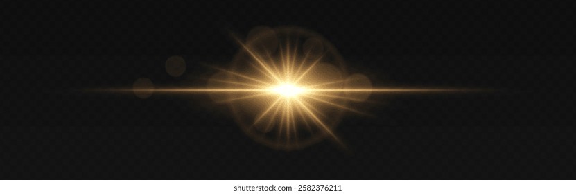 Golden light flare with radiant beams and soft circular reflections on a dark transparent background. Horizontal glow effect represents illumination, energy, and cinematic lighting. Sci-fi visuals