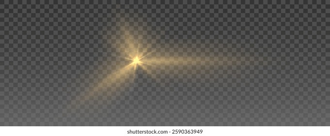 Golden light flare, shining lens effect, radiant starburst glow, transparent background illumination, soft bokeh highlights, abstract golden sparkle, horizontal light beam, realistic glare overlay