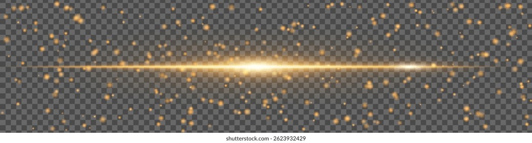 Golden light flare with sparkling particles and motion glow on transparent background. Horizontal energy beam for design and VFX.