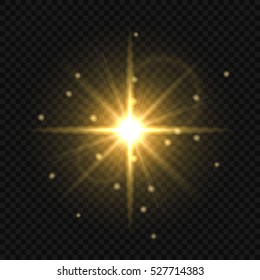 Golden Light flare or star explosion with glowing sparkles and lens flare effect. Shining sunburst light effect on transparent background. Sunlight background for art design