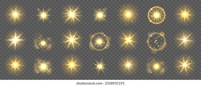 Golden Light Flash Effect: Bright Flickering Flash with Rays and Highlights on Transparent Background for Dynamic Web Design