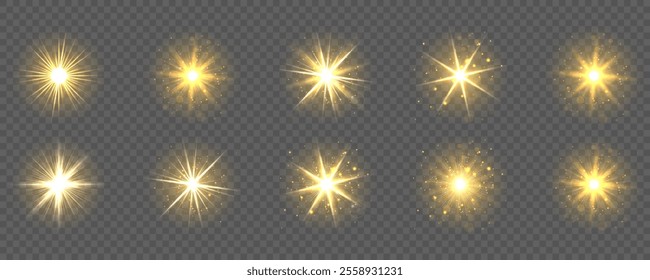 Golden Light Flash Effect: Bright Flickering Flash with Rays and Highlights on Transparent Background for Dynamic Web Design