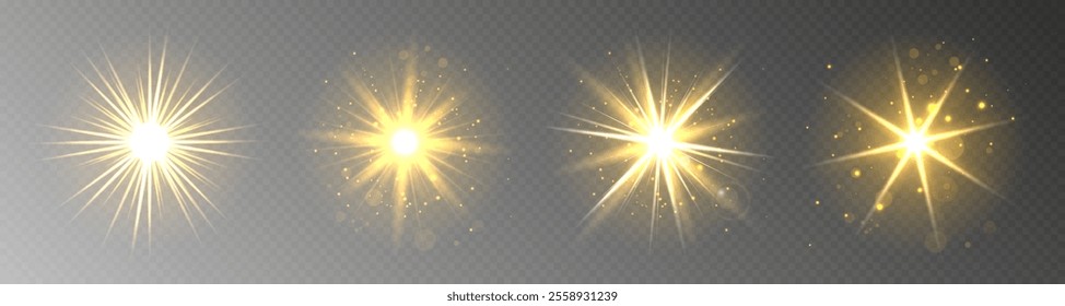 Golden Light Flash Effect: Bright Flickering Flash with Rays and Highlights on Transparent Background for Dynamic Web Design