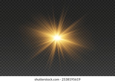 Golden light flash, explosion of rays and stars. On a transparent background.