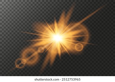 Luz dorada. Destello de luz, Estrella brillante, rayos de luz y resplandor. Sobre un fondo transparente. Png ligero. Imagen de Vector.