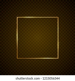 Golden light frame. Vector golden frame with lights effects. Shining rectangle banner. Isolated on black transparent background