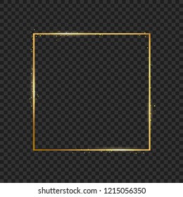 Golden light frame. Vector golden frame with lights effects. Shining rectangle banner. Isolated on black transparent background