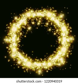 Golden light frames and elements. Postcard design round frame with sparkles and highlights
