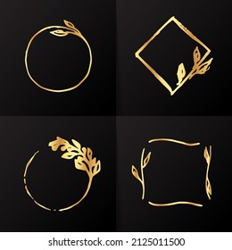 Golden Light Frames set Isolated On Black. Set frames with leaves and flowers