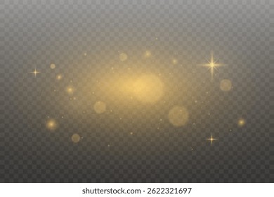 Golden light, glitter particles, and lights and bokeh.