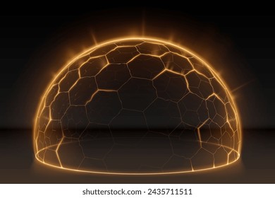 Golden light hexagonal protection sphere on black background