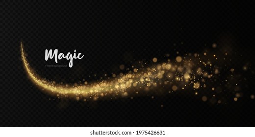Golden light holiday comet. Christmas background. Powder PNG. Magic shining gold dust. Fine, shiny bokeh dust particles fall off slightly. The magical effect of flickering lights.
