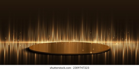 Líneas doradas elegantes con el podio circular y efecto de iluminación brillante sobre el fondo negro. Diseño de premio de plantilla premium. Ilustración del vector