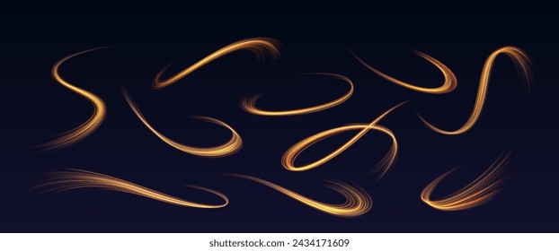 Golden light lines realistic vector illustration set. Shiny waving neon traces 3d elements on black background. Scientific effect template