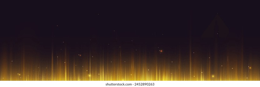 Goldene helle Linien und funkelt auf schwarzem Hintergrund. Vektorgrafik realistische Illustration von vertikalen gelben Strahlen, die in der Dunkelheit schimmern, magischer Goldflare-Effekt, Nachtclub-Party-Dekoration, Konzertkulisse