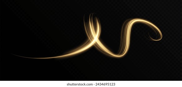 Goldene Lichtlinien des wirbelnden Lichtwirbels auf transparentem Hintergrund für Spiel- und Werbedesign. Licht-Overlay-Effekt. Vektor
