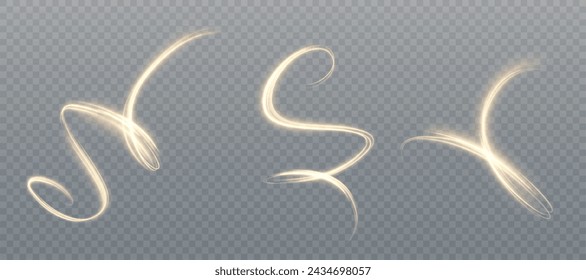 Golden light lines of swirling vortex of light on transparent background for gaming and advertising design. Light overlay effect. Vector