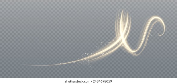 Líneas de luz doradas de vórtice giratorio de luz sobre fondo transparente para juegos y diseño de publicidad. Efecto Superposición ligera. Vector
