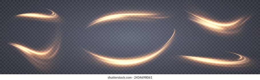 Golden light lines of swirling vortex of light on transparent background for gaming and advertising design. Light overlay effect. Vector