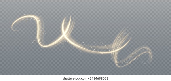 Golden light lines of swirling vortex of light on transparent background for gaming and advertising design. Light overlay effect. Vector