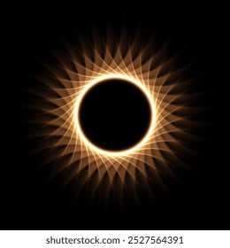 Golden light neon glow ring with rays. Abstract gold light glowing circle line with neon effect. Sun or planet with flare and flash. Futuristic shiny vector illustration on black background.