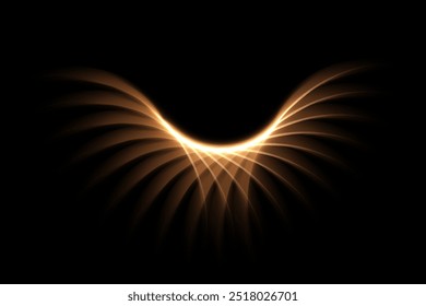 Golden light neon glow semicircle with rays. Abstract gold light glowing wings with neon effect. Futuristic shiny vector illustration on black background.