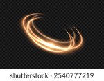 Golden light neon glow swirl background. Gold light glowing circle line of neon effect. Shiny spiral spin ring with flare and flash. Vector illustration of glitter sparkle swirl trail effect on black.